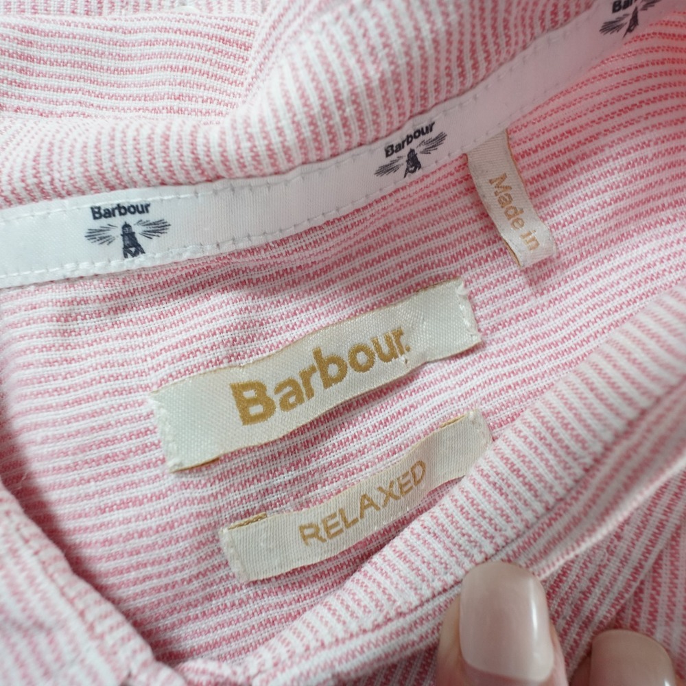 Barbour Linen Button Up Shirt Womens 6 Pink Collared Roll Tab Striped Casual - Picture 3 of 16